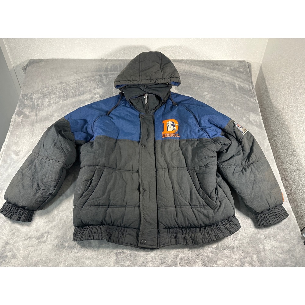 Vintage Pro Player Denver Broncos Puffer Jacket Blue Black Hooded Mens Large NFL